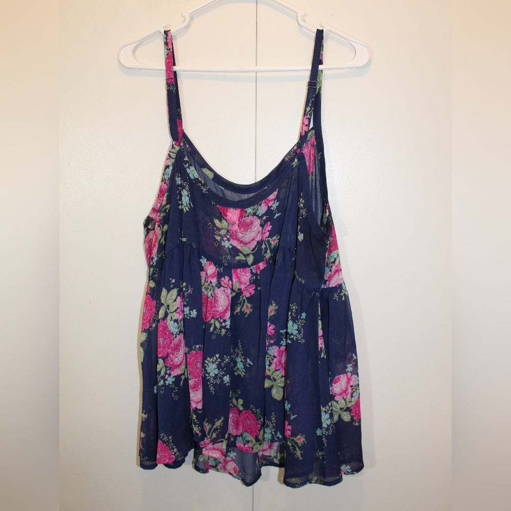 Torrid Women's 2X Blue & Pink Floral Chiffon Flowy Babydoll Camisole Tank Top